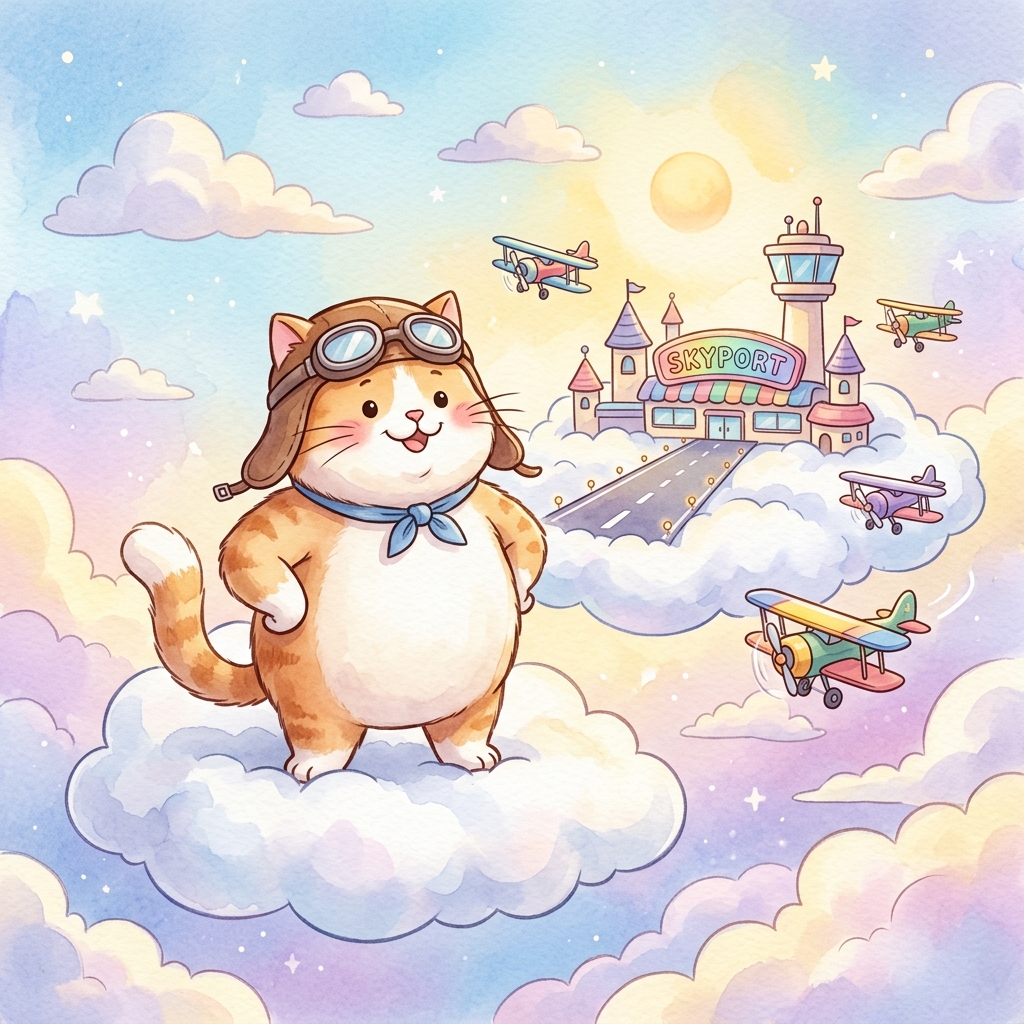 肥猫云飞行员与梦幻航站楼二次元手绘插画
